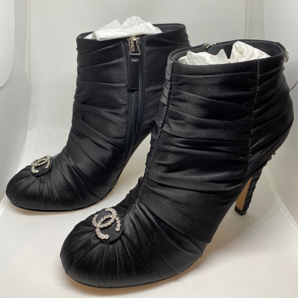 CHANEL Black Ruched Satin Short Boots